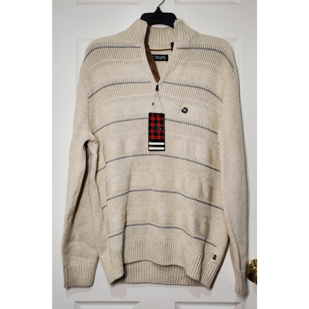 Chaps Men’s Quarter-Zip Sweater – Beige with Gray Stripes – Size M – NWT